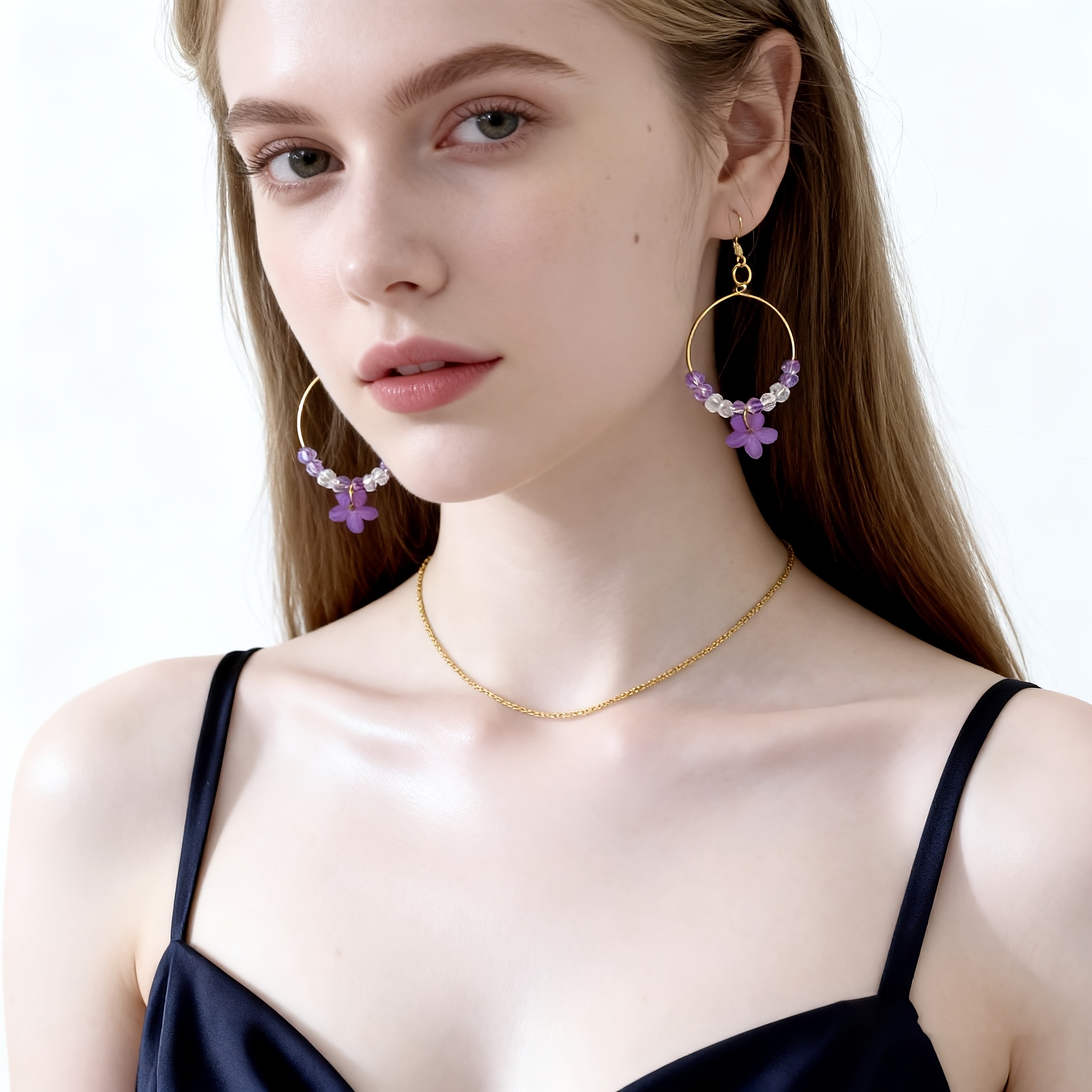 Women's Light Luxury Hoop Earrings with Purple Zirconia